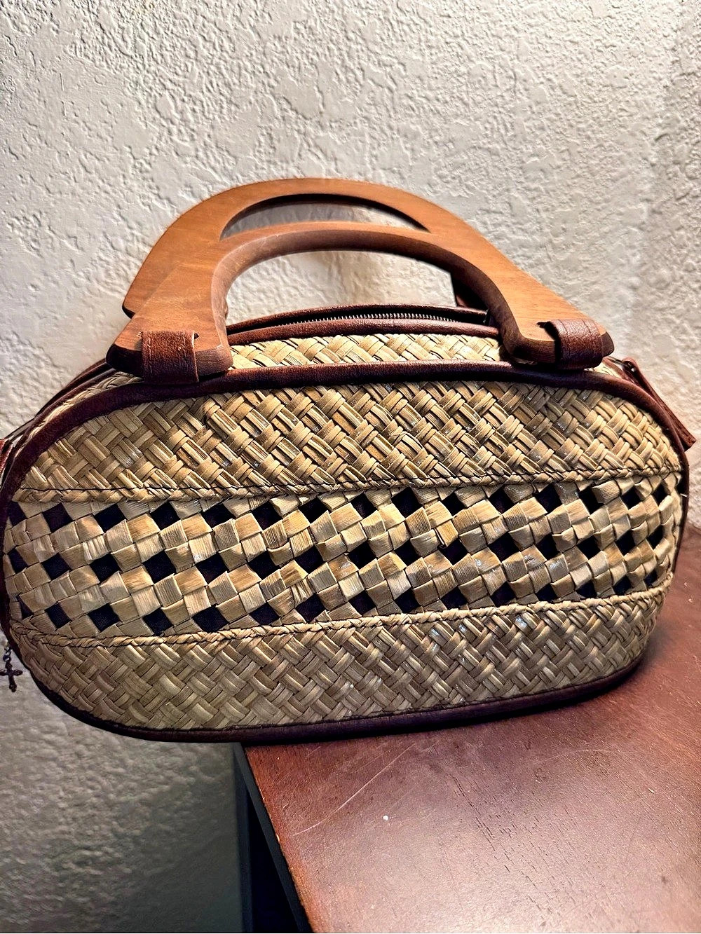 Woven Straw Tote in Brown & Beige